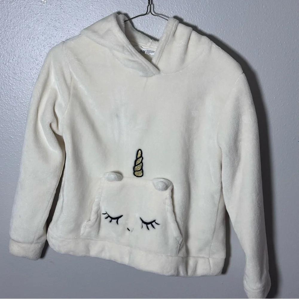 H&M Girls Kids White Cream Pullover Unicorn‎ Hoodie Sweater size 8/10.